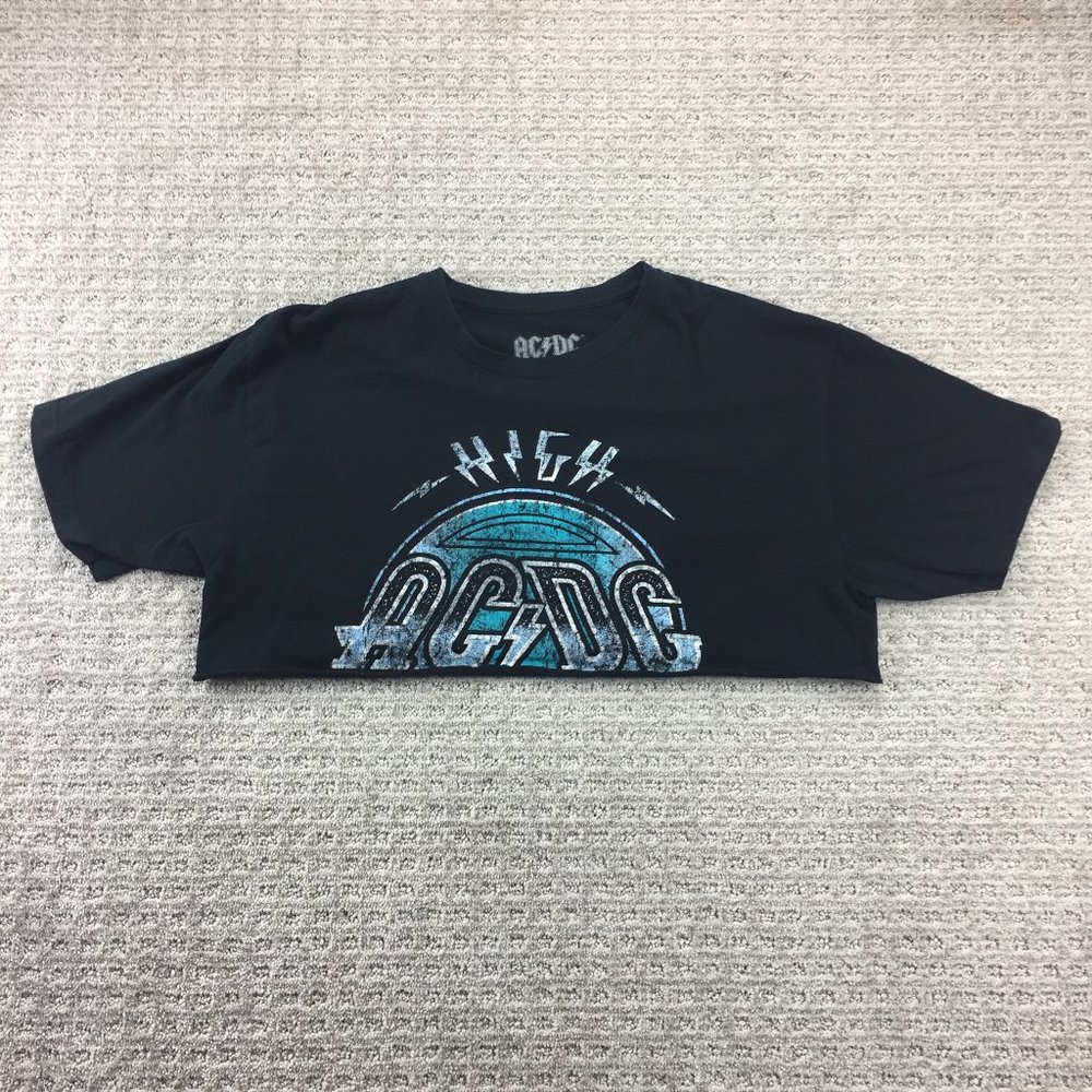 AC/DC Crop Top Shirt Women Large L Black Heavy Metal Band T-Shirt Graphic Print